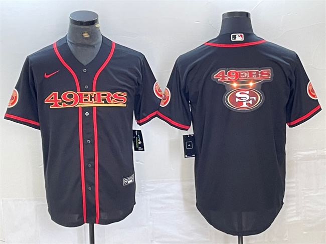 Men's San Francisco 49ers Black Team Big Logo With Patch Cool Base Stitched Baseball Jersey Men's San Francisco 49ers Black Team Big Logo With Patch Cool Base Stitched Baseball Jersey